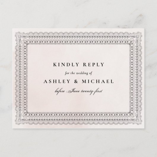 Elegante Blush & Zwart Waterverf Kant Bruiloft RSV Uitnodiging Briefkaart (Voorkant)