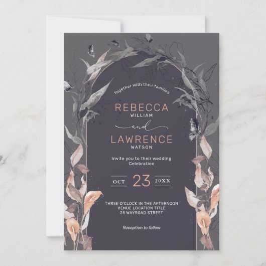 Elegante blush zwarte bloemen bruiloft Uitnodiging (Voorkant)