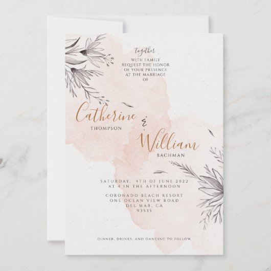 Elegante Blushing Perzik Bloemen Foto Bruiloft Kaart (Voorkant)