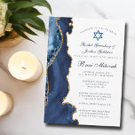 Elegante B'nai Mitswa Navy Blue Gold Agate Party Kaart<br><div class="desc">Elegante marineblauwe en gouden agaat versiert deze B'nai Mitswa-ceremonie en feestuitnodiging voor een Joods gezin dat viert dat hun kind wordt opgeroepen voor de Thora. De twee namen zijn geschreven in een prachtig formeel script onder de Davidster voor een gezamenlijke viering.</div>