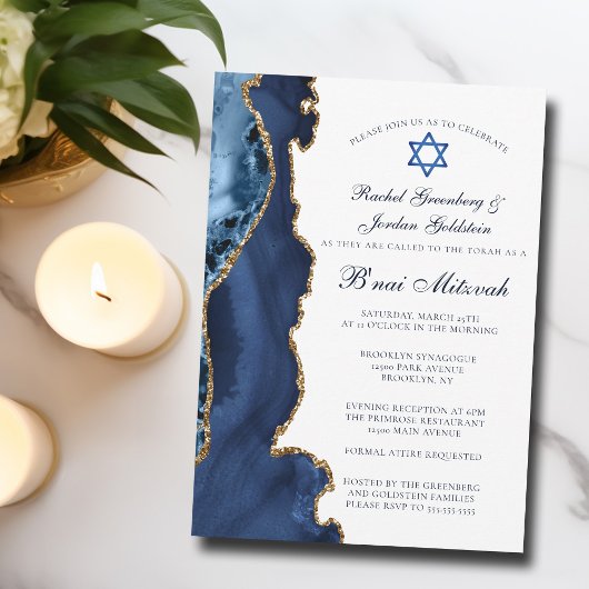 Elegante B'nai Mitswa Navy Blue Gold Agate Party Kaart