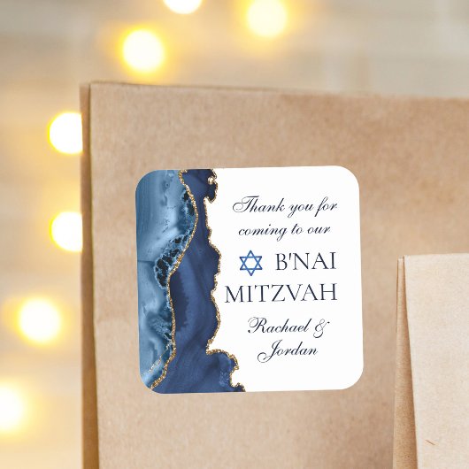 Elegante B'nai Mitswa Navy Blue Gold Agate Party Vierkante Sticker
