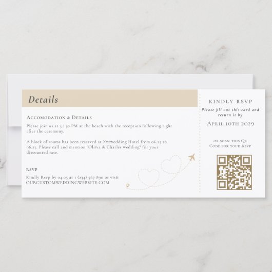 Elegante Boarding Pass Ticket Destination Wedding (Achterkant)