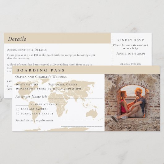 Elegante Boarding Pass Ticket Destination Wedding (Voorkant / Achterkant)