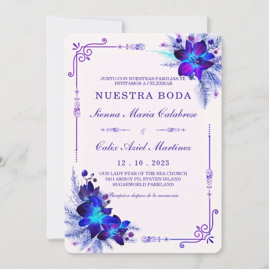 Elegante boda con orquídeas azules y moradas kaart (Voorkant)