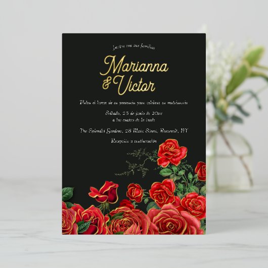 Elegante Boda de Rosas Folie Uitnodiging (Staand Voorkant)