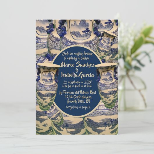 Elegante boda en estilo chinoiserie azul y blanco kaart (Staand voorkant)