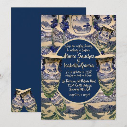 Elegante boda en estilo chinoiserie azul y blanco kaart (Voorkant / Achterkant)