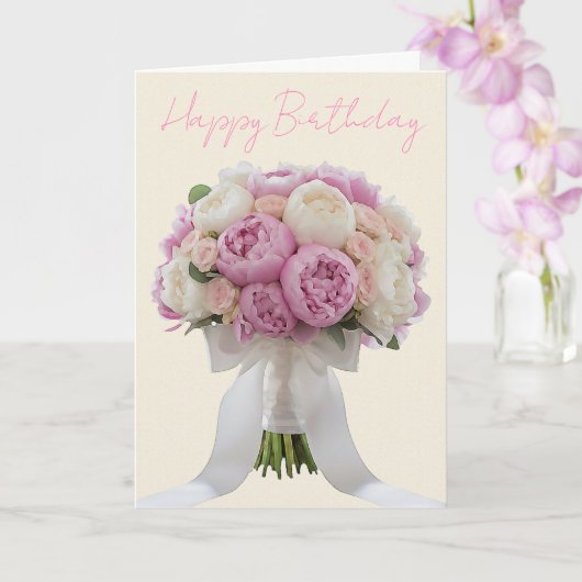 Elegante Boeket Pioenrozen Aangepaste Tekst Verjaa Kaart (Orchidee)