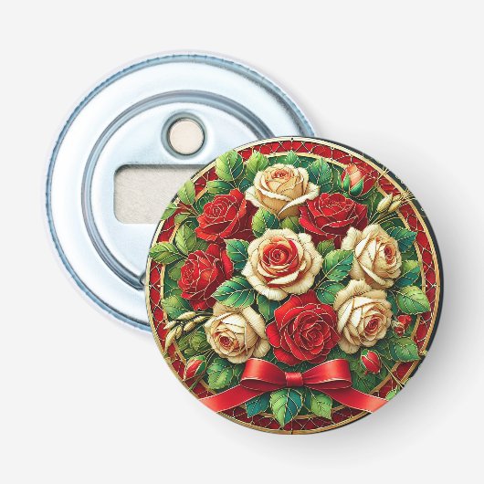 Elegante Boeket van Rode en Witte Rozen Button Flesopener (Voorkant)