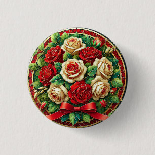 Elegante Boeket van Rode en Witte Rozen Ronde Button 3,2 Cm