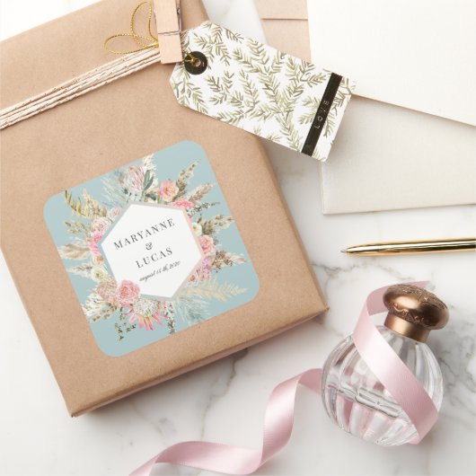 Elegante Boheemse Bloemen Monogram Vierkante Stick Vierkante Sticker (Geschenken)