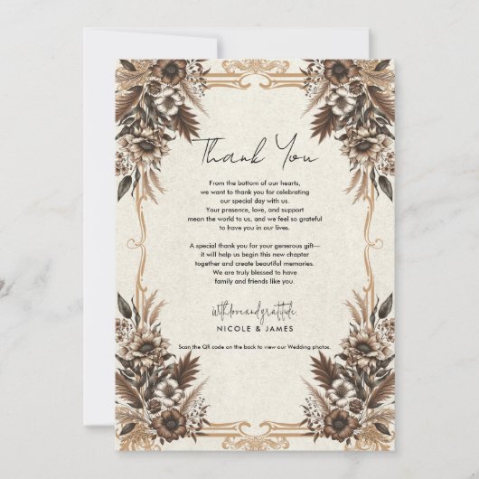 Elegante  Boheemse Bloemenbruiloft Bedankt Kaart (Voorkant)
