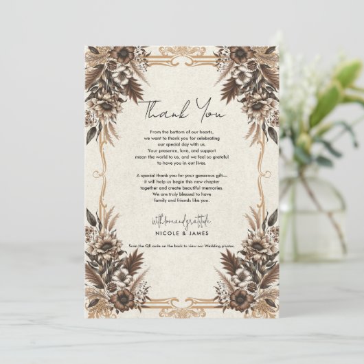 Elegante Boheemse Bloemenbruiloft Bedankt Kaart (Staand voorkant)