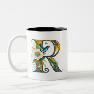 Elegante boheemse bloemletter R Tweekleurige Koffiemok