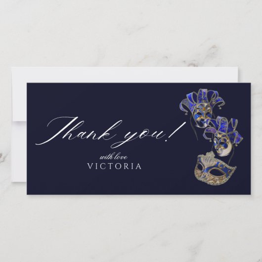 Elegante Boheemse Marine Zilveren Maskerade Bedankkaart (Voorkant)