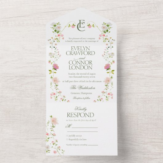 Elegante Boheemse Monogram Bloemenbruiloft All In One Uitnodiging (Binnen)