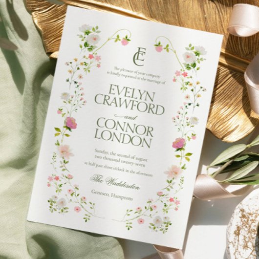 Elegante Boheemse Monogram Bloemenbruiloft Kaart