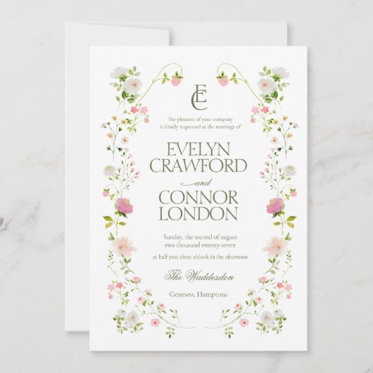 Elegante Boheemse Monogram Bloemenbruiloft Kaart (Voorkant)