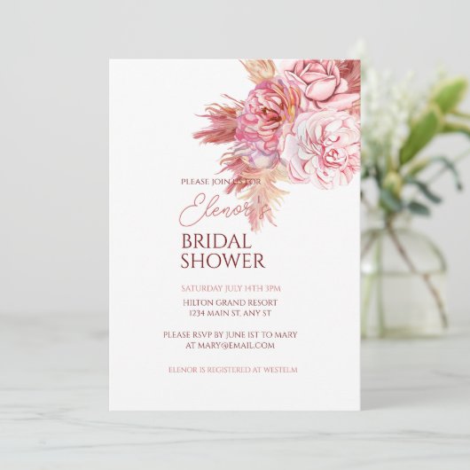 Elegante Boheemse Roos bruidsdouche uitnodiging (Staand voorkant)