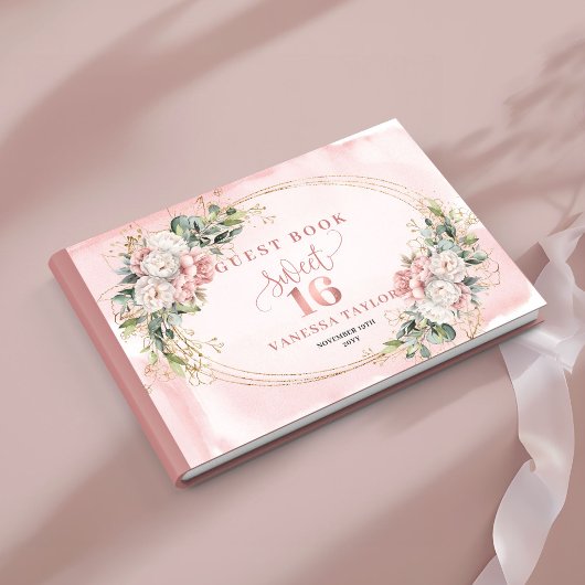 Elegante Boheemse Roze Bloemen Groene Gastenboek