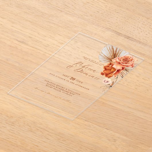 Elegante Boheemse rustieke bloemenbruiloft Acryl Uitnodigingen (Laagn)