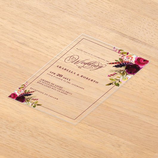 Elegante Boheemse Waterverf Bloemen Bruiloft Acryl Uitnodigingen (Laagn)