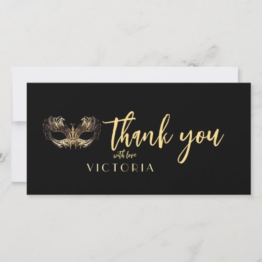 Elegante Boheemse Zwart Goud Masquerade Dank u Bedankkaart (Voorkant)