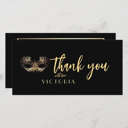 Elegante Boheemse Zwart Goud Masquerade Dank u Bedankkaart (Voorkant / Achterkant)