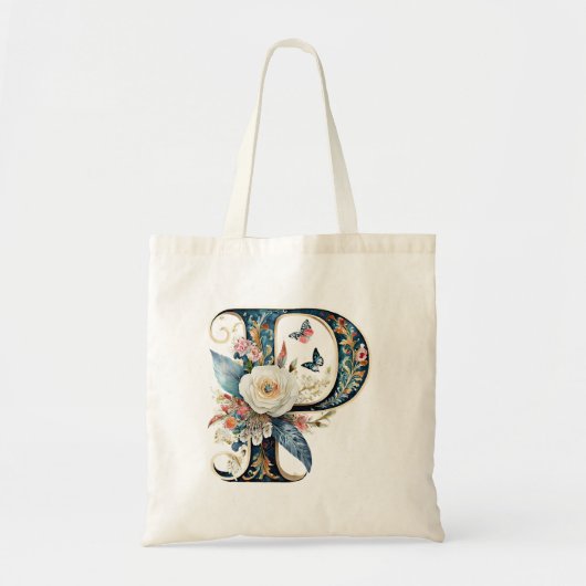 Elegante bohemian bloemenletter P Tote Bag (Voorkant)