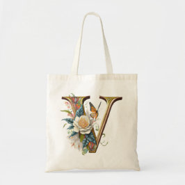 Elegante bohemian bloemenletter V Tote Bag