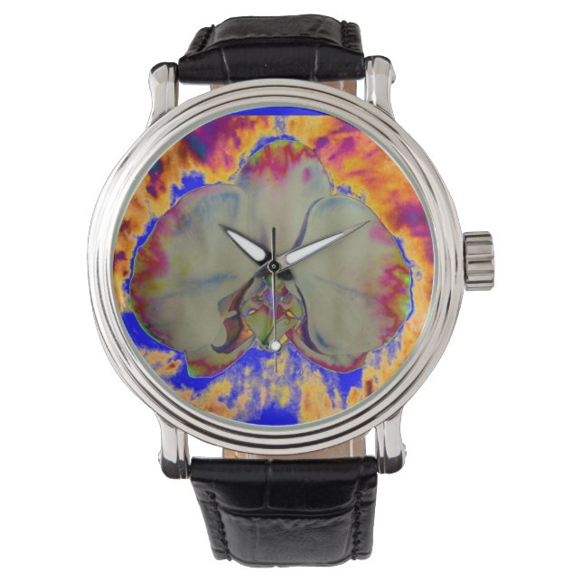 Elegante boho abstracte waterverf orchidee schilde horloge (Voorkant)