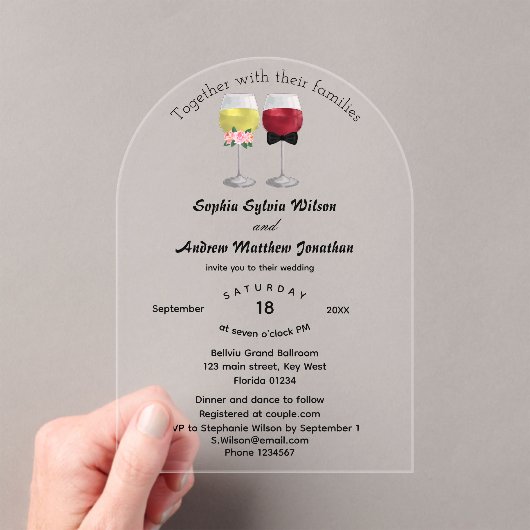 Elegante Boho Arch paar wijn bruiloft Acryl Uitnodigingen (Insitu (Draagbaar))