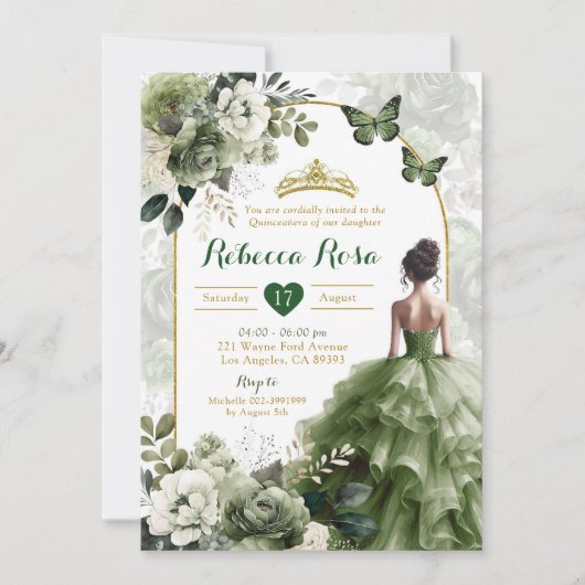 Elegante Boho Arch Sage Groene Prinses Quinceañera Kaart (Voorkant)