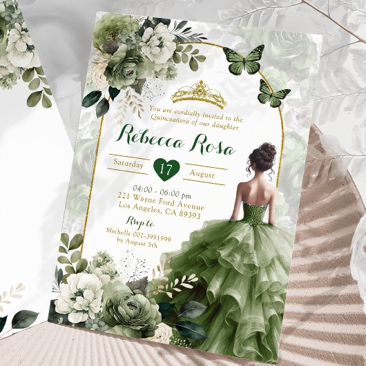 Elegante Boho Arch Sage Groene Prinses Quinceañera Kaart
