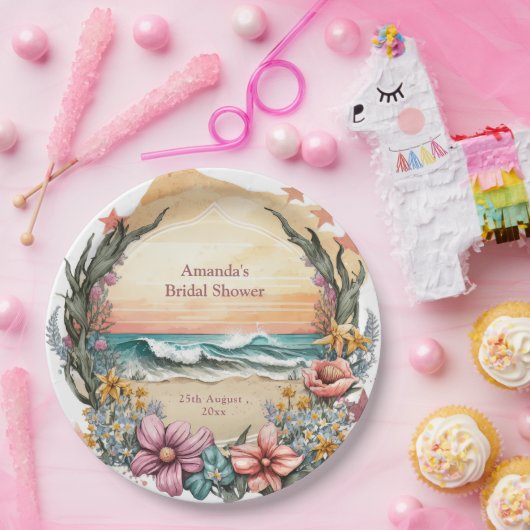 Elegante Boho Beach Bloem Krans Monogram Bruiloft Papieren Bordje (Feest)