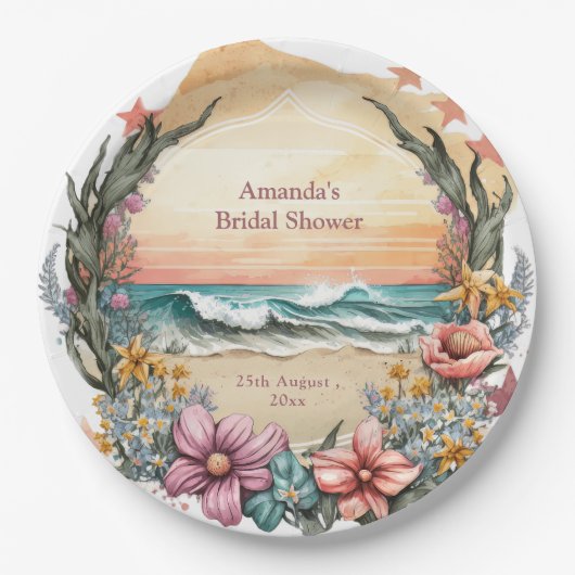 Elegante Boho Beach Bloem Krans Monogram Bruiloft Papieren Bordje (Voorkant)