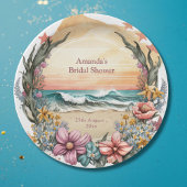 Elegante Boho Beach Bloem Krans Monogram Bruiloft Papieren Bordje