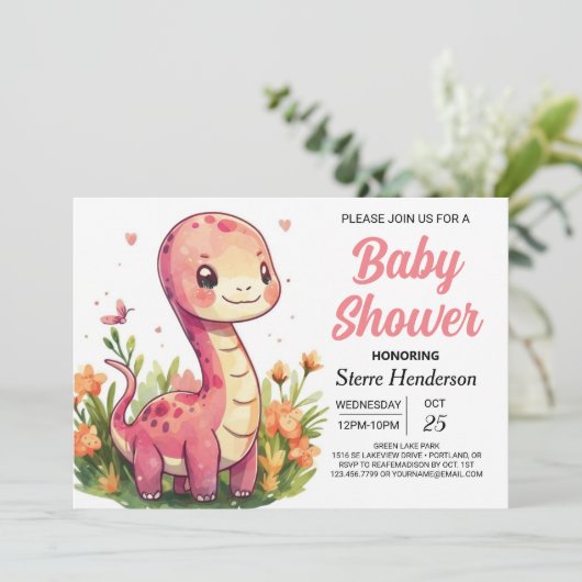 Elegante Boho bewerkbare Dinosaur Meisje Baby show Kaart (Staand voorkant)