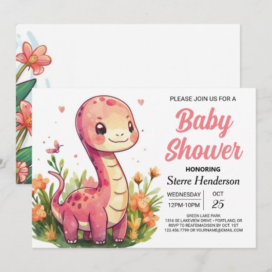 Elegante Boho bewerkbare Dinosaur Meisje Baby show Kaart (Voorkant / Achterkant)