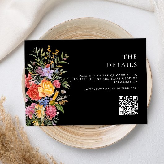Elegante Boho Black Dutch Floral Wedding Informatiekaartje