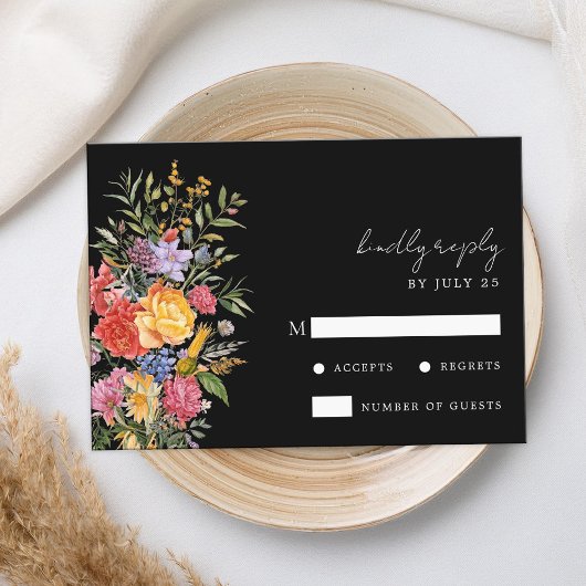 Elegante Boho Black Dutch Floral Wedding RSVP Kaartje