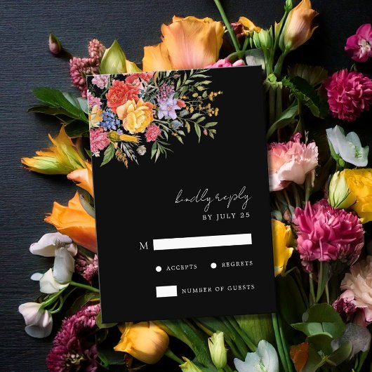 Elegante Boho Black Dutch Floral Wedding RSVP Kaartje