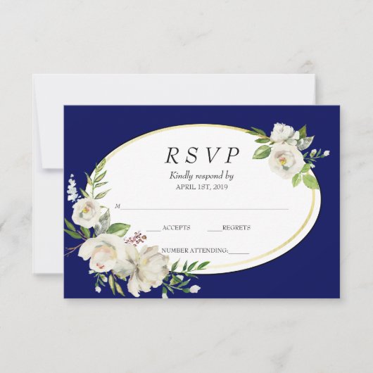 Elegante Boho Blauwe Bloem Gouden Trouw RSVP (Voorkant)