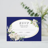 Elegante Boho Blauwe Bloem Gouden Trouw RSVP (Staand voorkant)
