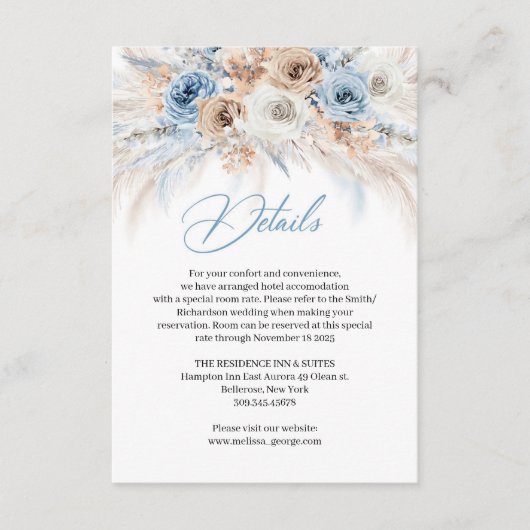 Elegante boho blauwe bloemen en ivoor rozen pampa' informatiekaartje (Voorkant)