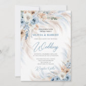 Elegante boho blauwe bloemen en ivoor rozen pampa' kaart (Voorkant)