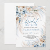 Elegante boho blauwe bloemen en ivoor rozen pampa' kaart (Voorkant / Achterkant)