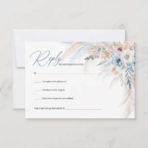 Elegante boho blauwe bloemen en ivoor rozen pampa' RSVP kaartje