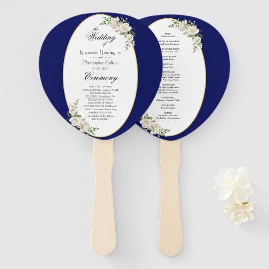 Elegante Boho Blauwe Bloemige Trouwceremonie Handwaaier (Voorkant en achterkant)